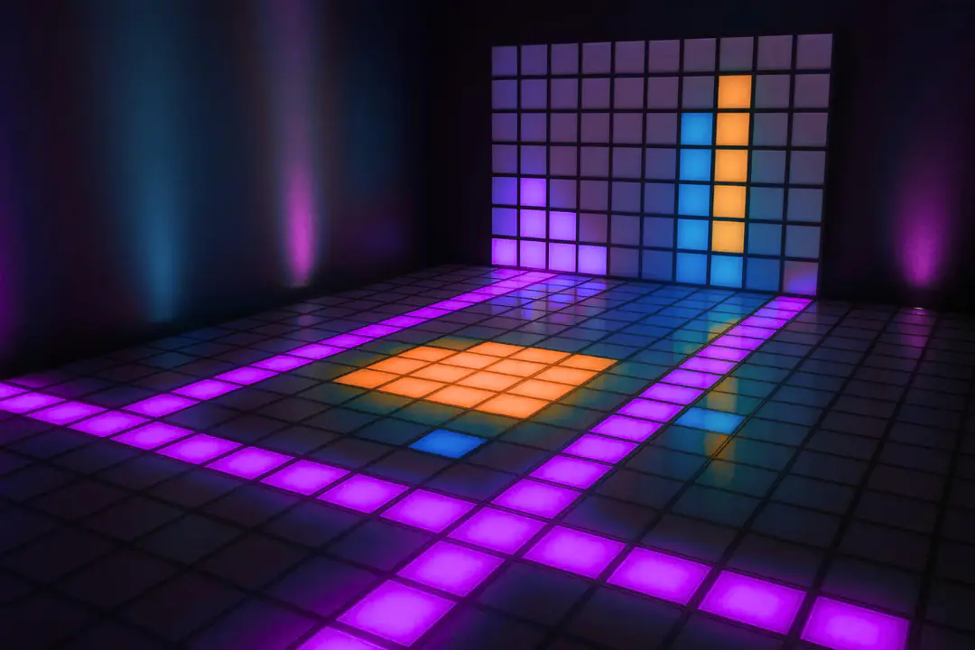 Spectaculaire interactieve LED arcade vloer paars en oranje met speelwanden in actie